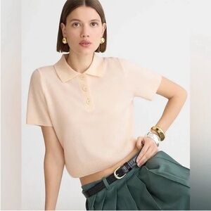 J.Crew Medium Cashmere Cropped Sweater Polo Heather Muslin Cream Collared Button